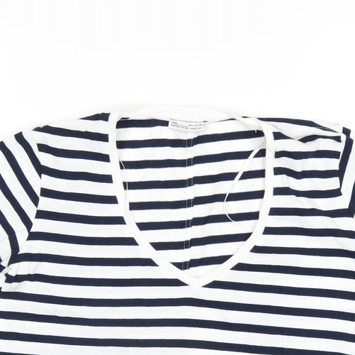 Zara Womens Blue Striped Cotton Basic T-Shirt Size S V-Neck