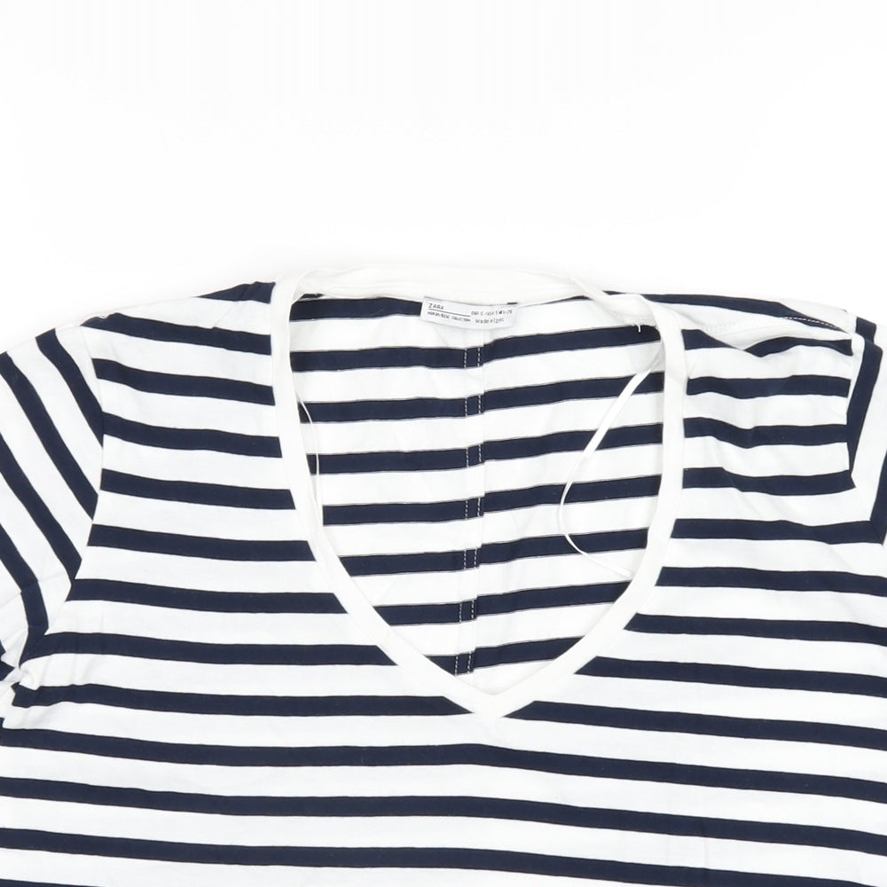 Zara Womens Blue Striped Cotton Basic T-Shirt Size S V-Neck