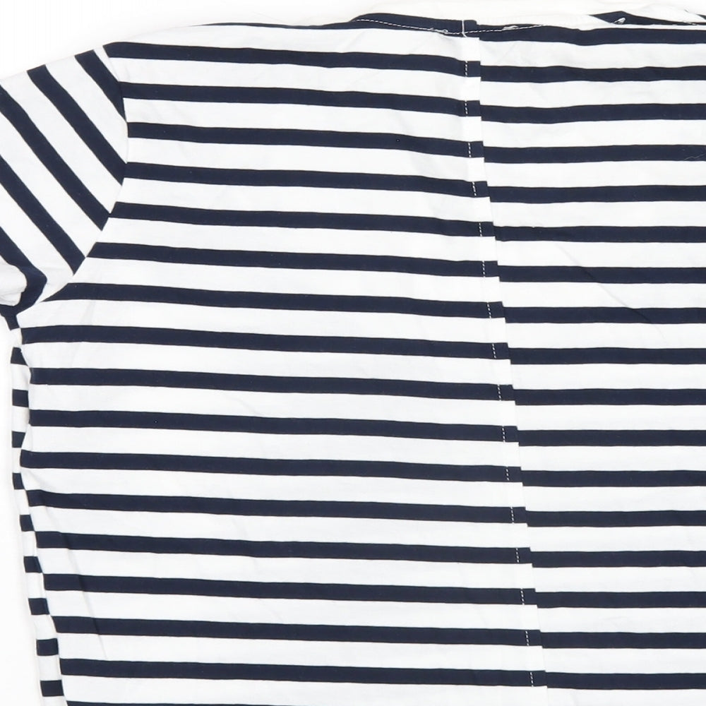 Zara Womens Blue Striped Cotton Basic T-Shirt Size S V-Neck