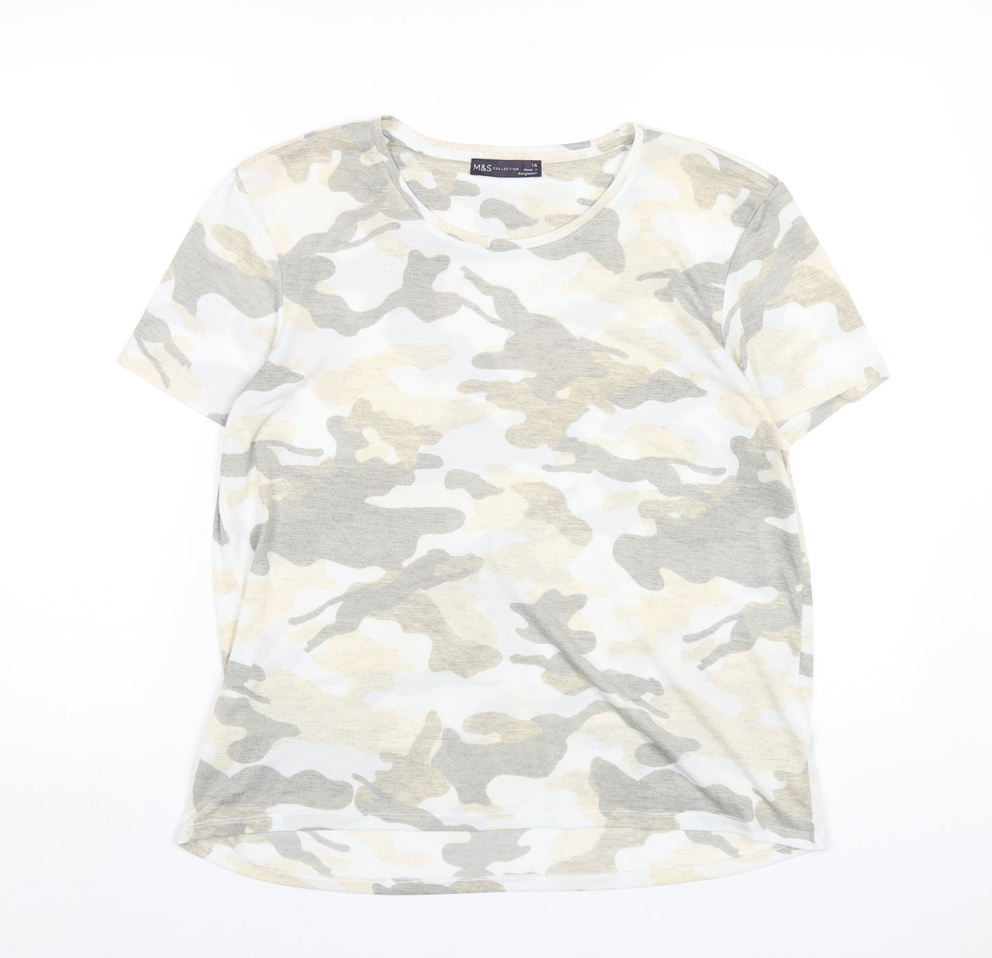 Marks and Spencer Womens Multicoloured Camouflage Polyester Basic T-Shirt Size 14 Round Neck