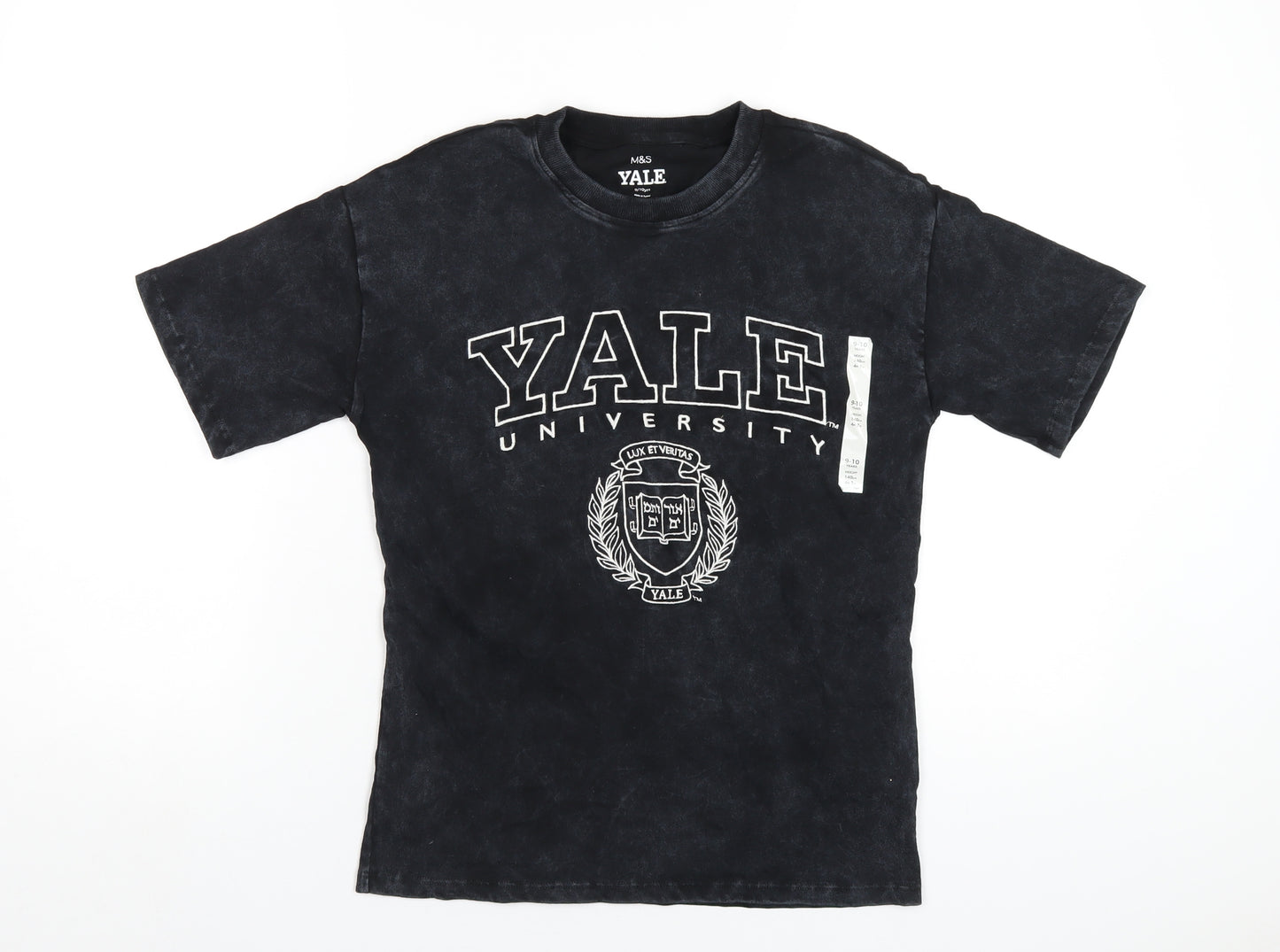 Yale Girls Black Cotton Basic T-Shirt Size 9-10 Years Round Neck Pullover - Yale University