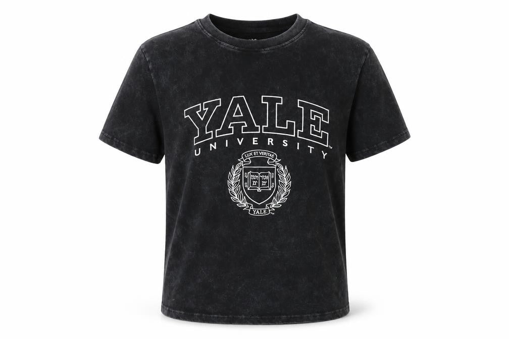 Front view of Yale girls’ black cotton basic t-shirt, size 9-10, years round neck pullover - yale university