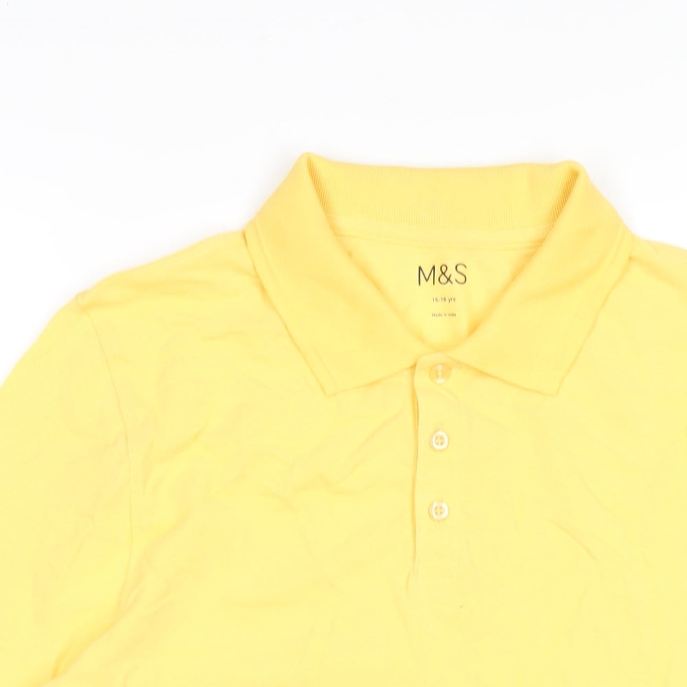 Marks and Spencer Boys Yellow Cotton Basic Polo Size 15-16 Years Collared Button