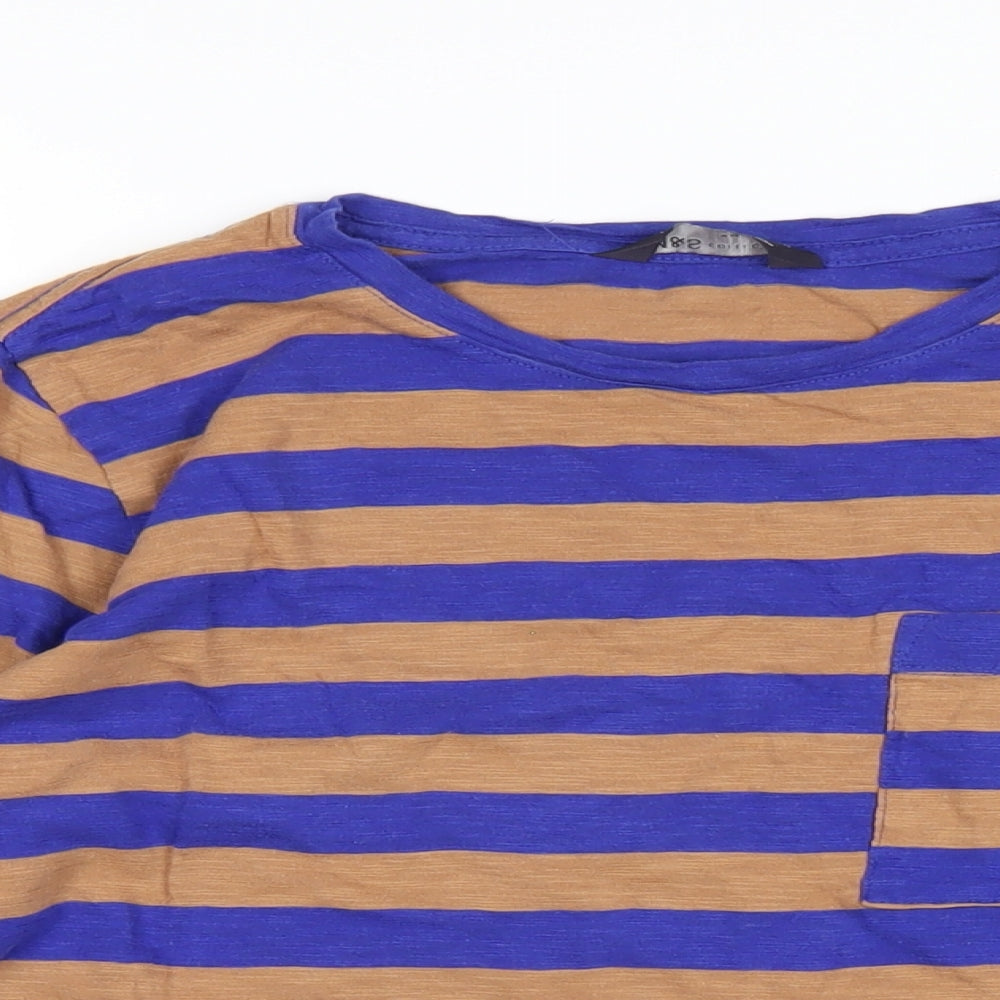 Marks and Spencer Womens Blue Striped Cotton Basic T-Shirt Size 14 Round Neck