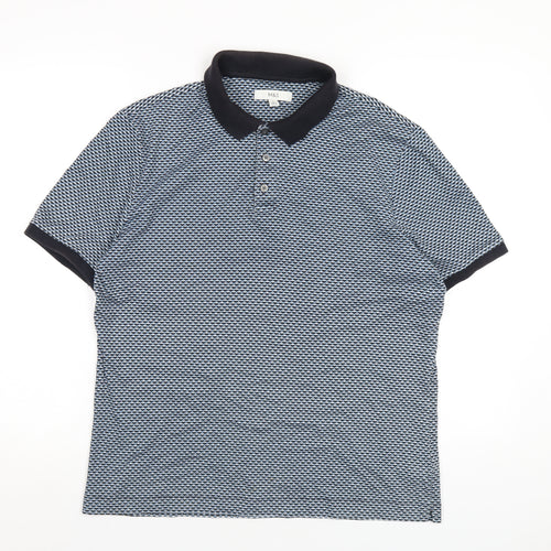 Marks and Spencer Mens Blue Geometric Cotton Polo Size M Collared Button