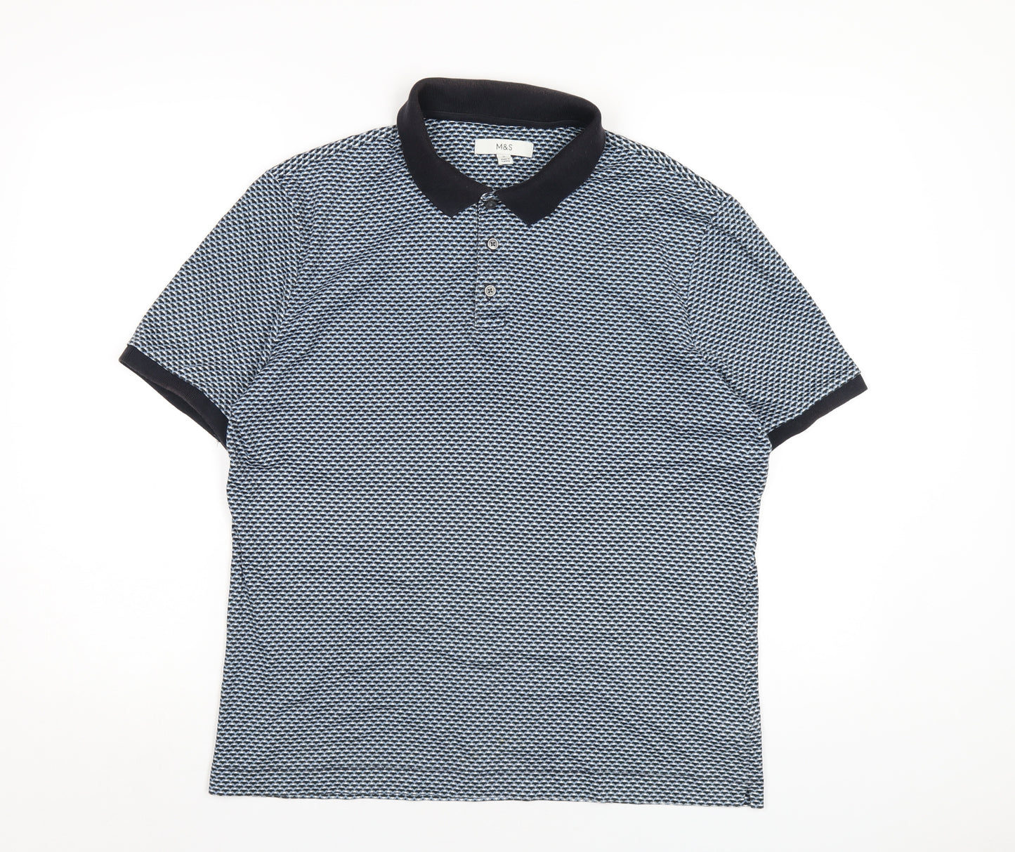 Marks and Spencer Mens Blue Geometric Cotton Polo Size M Collared Button