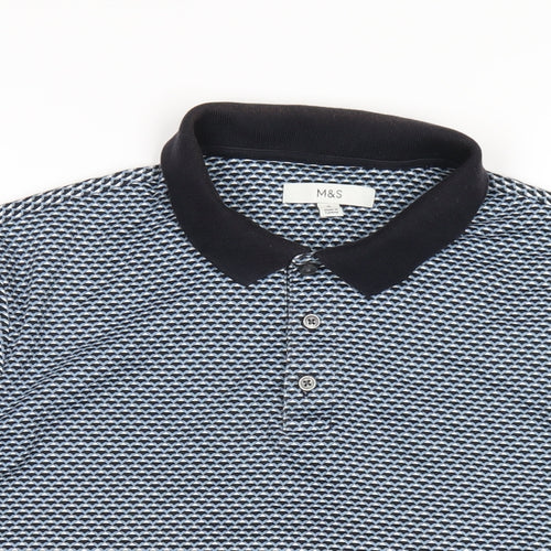 Marks and Spencer Mens Blue Geometric Cotton Polo Size M Collared Button