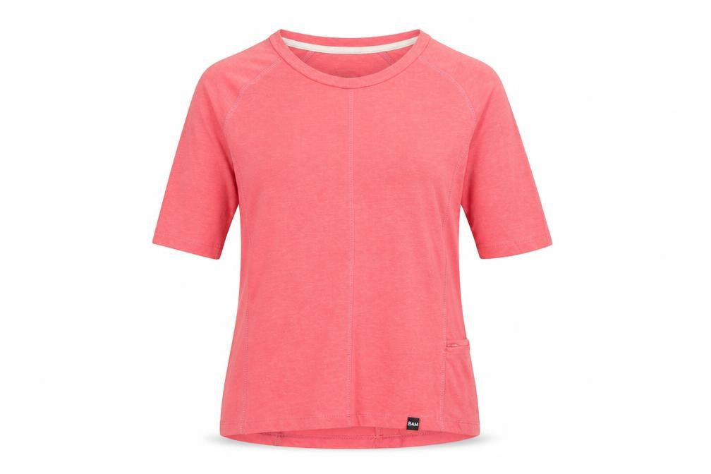 Front view of Bamboo women’s pink viscose basic t-shirt, size UK 8, round neck