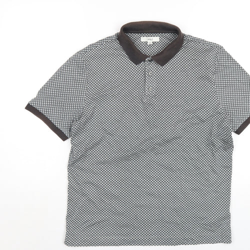 Marks and Spencer Mens Grey Geometric Cotton Polo Size M Collared Button