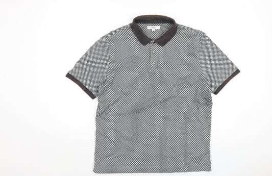 Marks and Spencer Mens Grey Geometric Cotton Polo Size M Collared Button