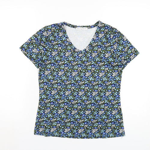 By Clara Womens Blue Floral Polyester Basic T-Shirt Size S V-Neck