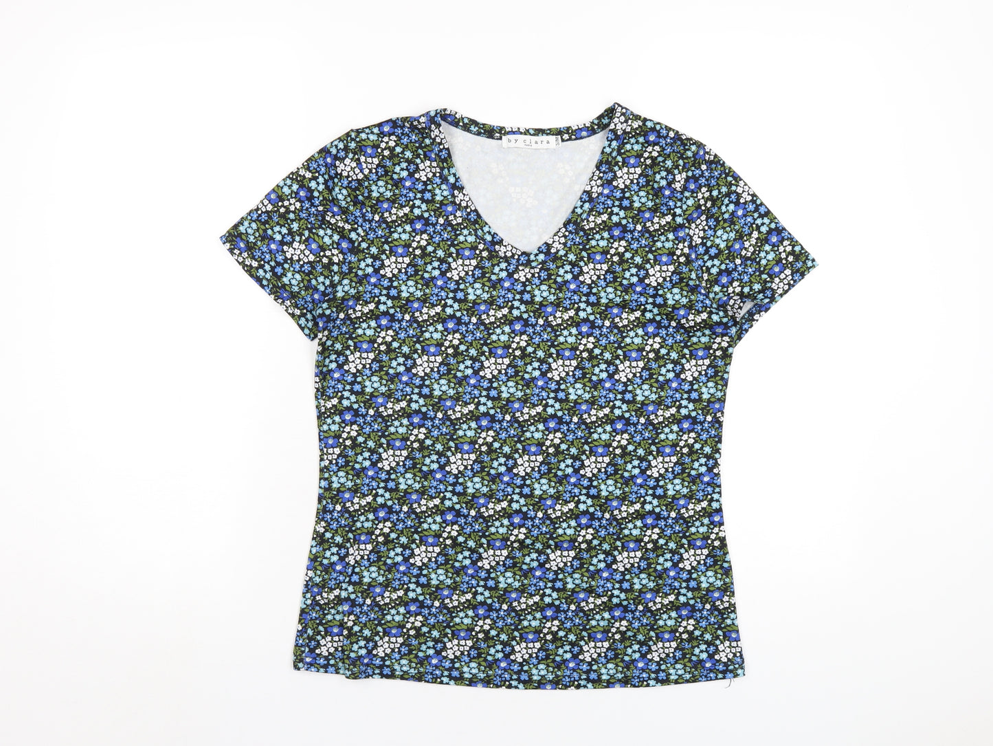 By Clara Womens Blue Floral Polyester Basic T-Shirt Size S V-Neck
