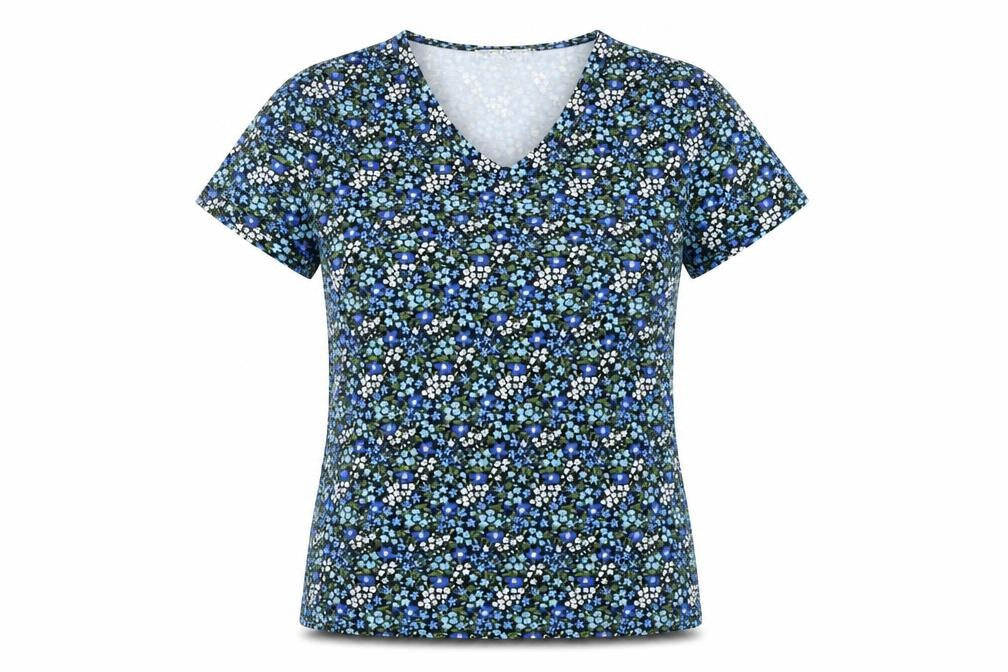 Front view of By Clara women’s blue floral polyester basic t-shirt, size S, v-neck