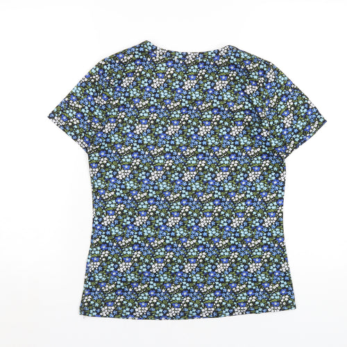 By Clara Womens Blue Floral Polyester Basic T-Shirt Size S V-Neck