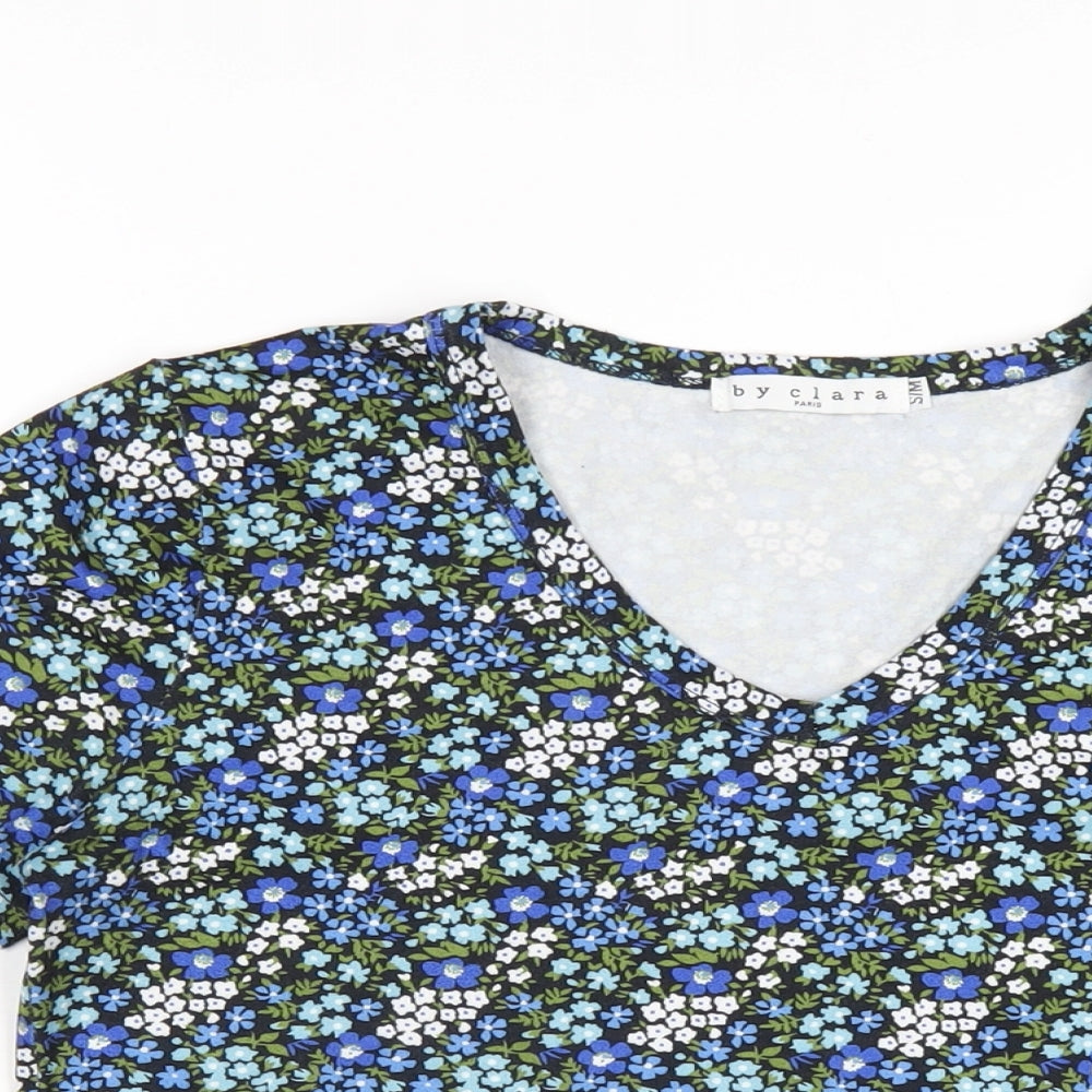 By Clara Womens Blue Floral Polyester Basic T-Shirt Size S V-Neck