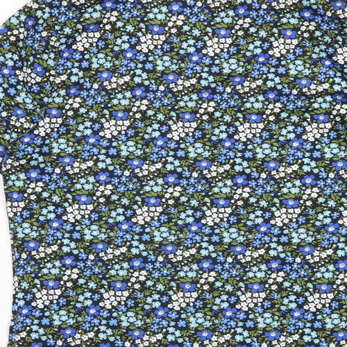 By Clara Womens Blue Floral Polyester Basic T-Shirt Size S V-Neck