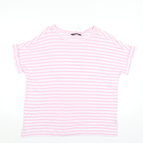 Marks and Spencer Womens Pink Striped Linen Basic T-Shirt Size 16 Round Neck