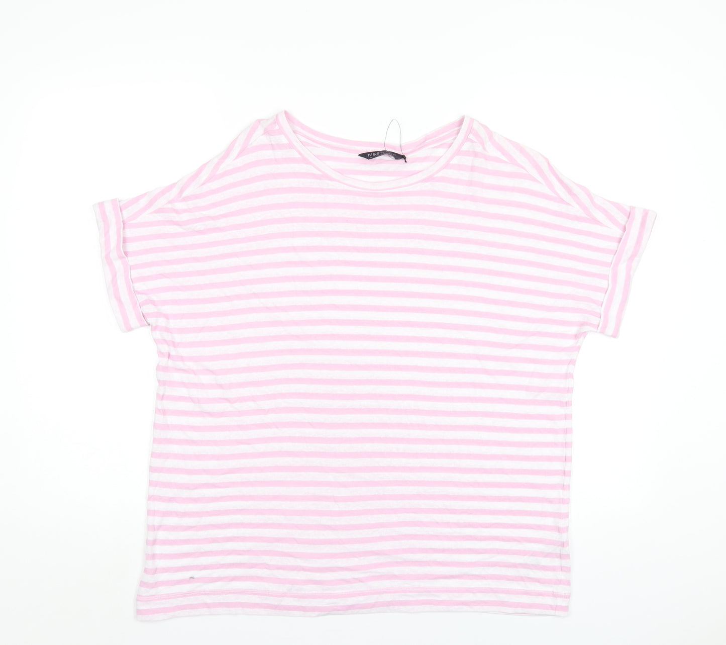 Marks and Spencer Womens Pink Striped Linen Basic T-Shirt Size 16 Round Neck