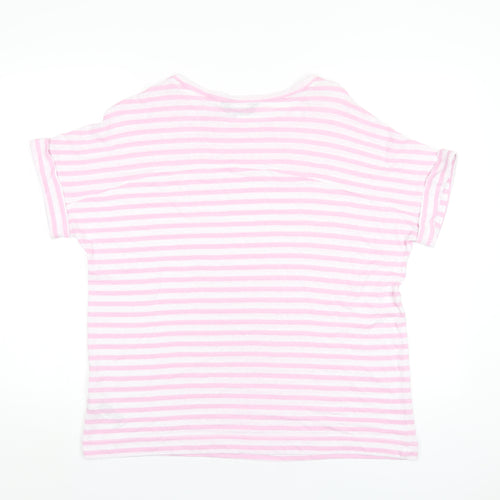 Marks and Spencer Womens Pink Striped Linen Basic T-Shirt Size 16 Round Neck