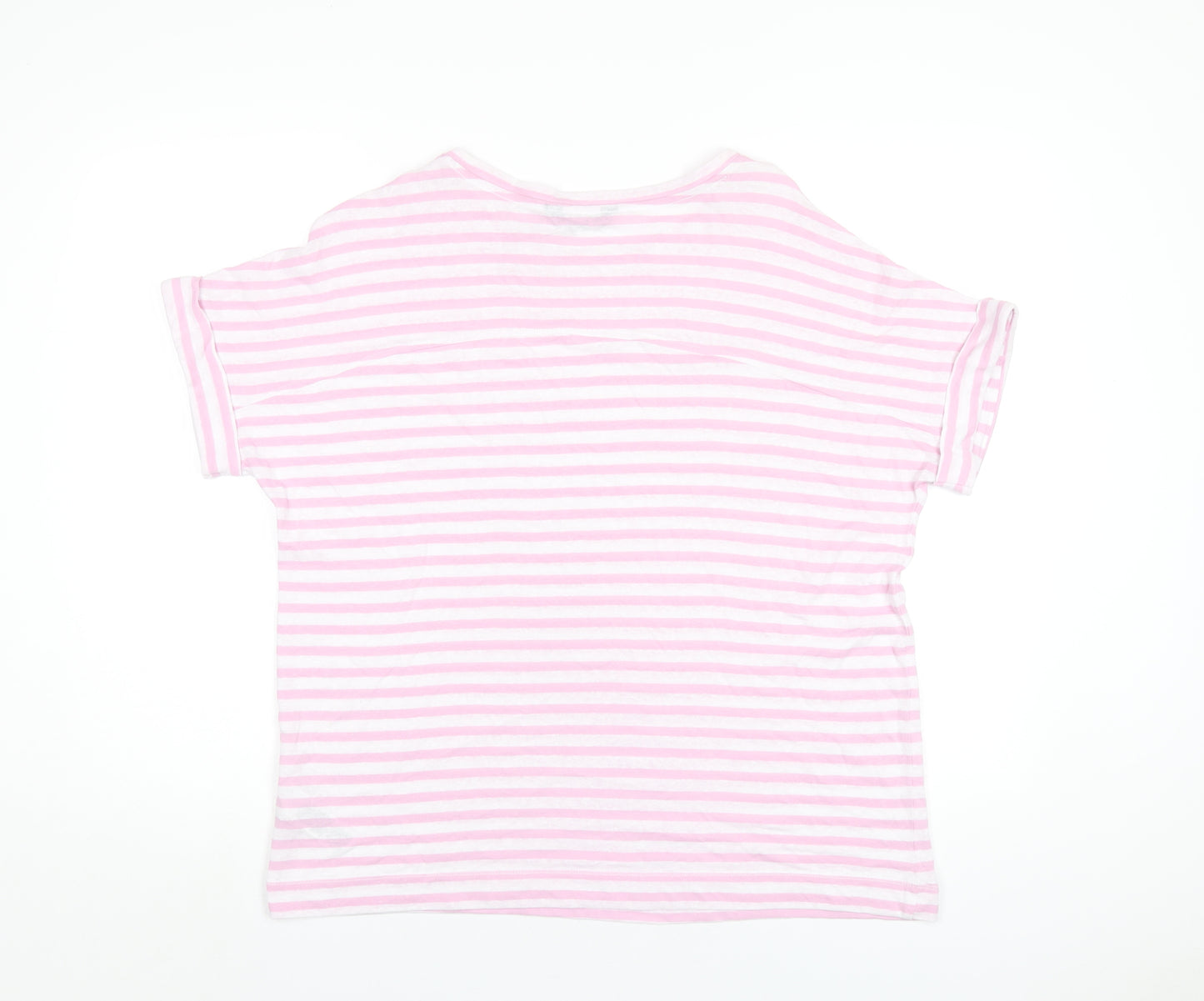 Marks and Spencer Womens Pink Striped Linen Basic T-Shirt Size 16 Round Neck