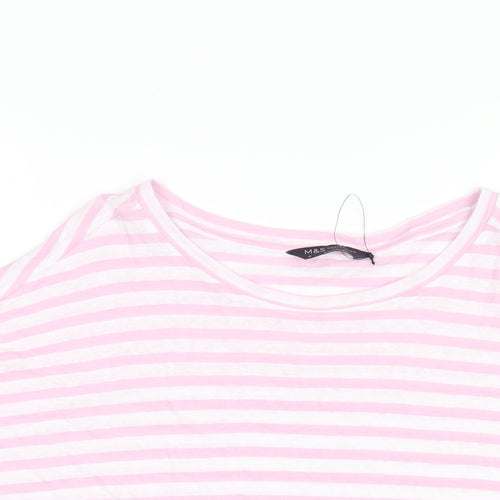 Marks and Spencer Womens Pink Striped Linen Basic T-Shirt Size 16 Round Neck