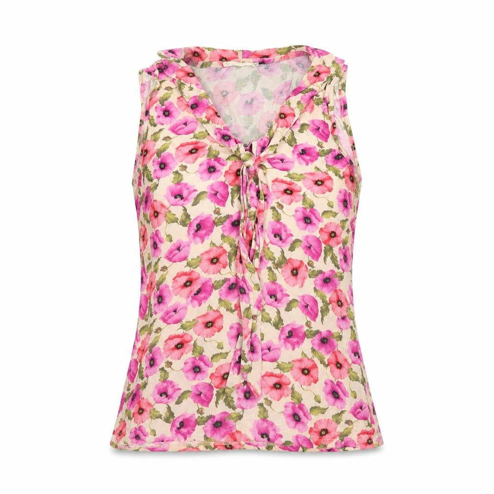 Front view of Lakeland women’s multicoloured floral viscose basic t-shirt, size UK 14, v-neck