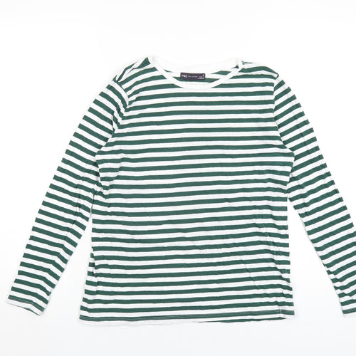 Marks and Spencer Womens Green Striped Cotton Basic T-Shirt Size 10 Round Neck