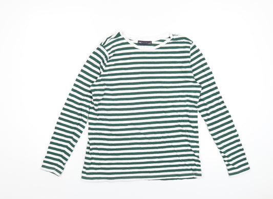 Marks and Spencer Womens Green Striped Cotton Basic T-Shirt Size 10 Round Neck