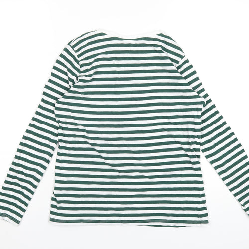 Marks and Spencer Womens Green Striped Cotton Basic T-Shirt Size 10 Round Neck