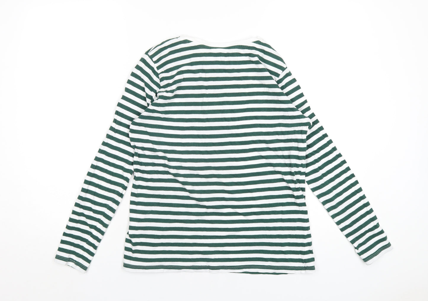 Marks and Spencer Womens Green Striped Cotton Basic T-Shirt Size 10 Round Neck