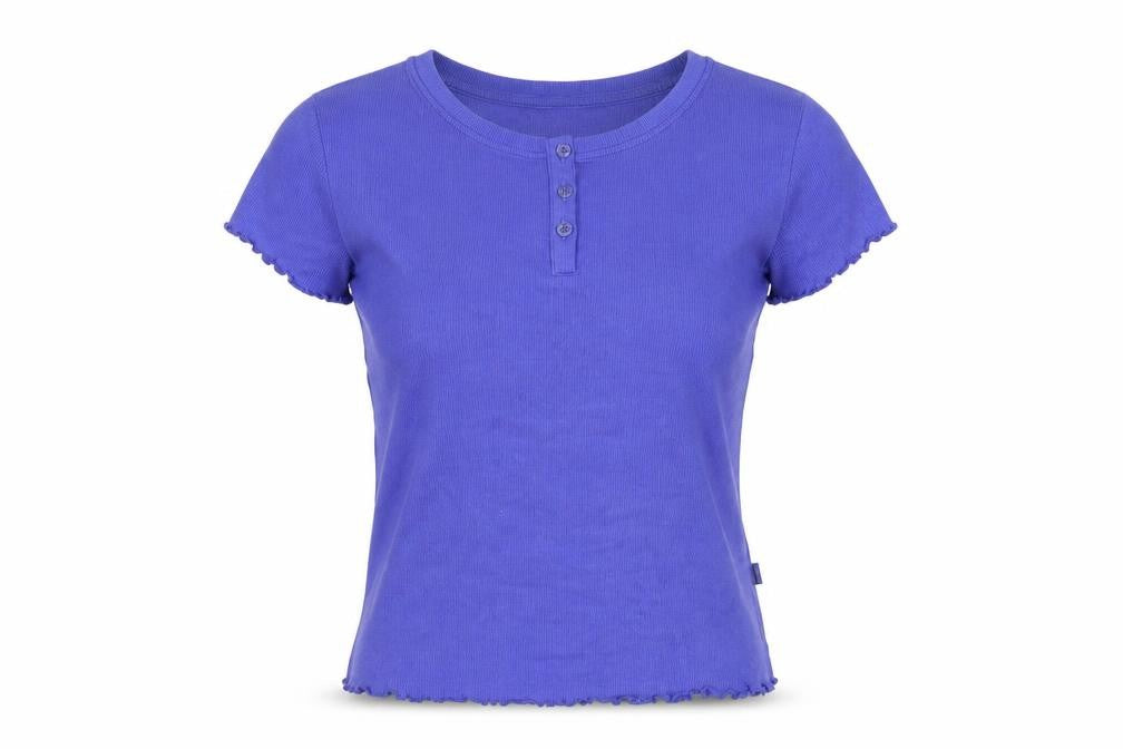 Front view of Marks & Spencer women’s blue cotton basic t-shirt, size S, round neck