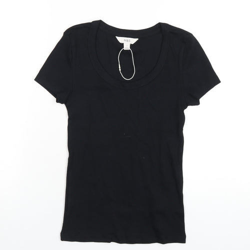 Marks and Spencer Womens Black Cotton Basic T-Shirt Size 6 Scoop Neck