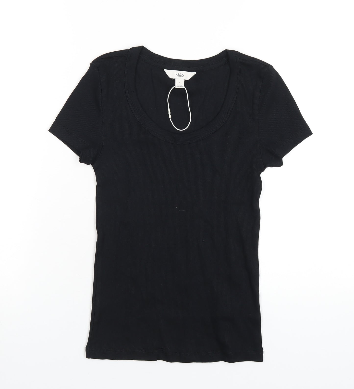 Marks and Spencer Womens Black Cotton Basic T-Shirt Size 6 Scoop Neck