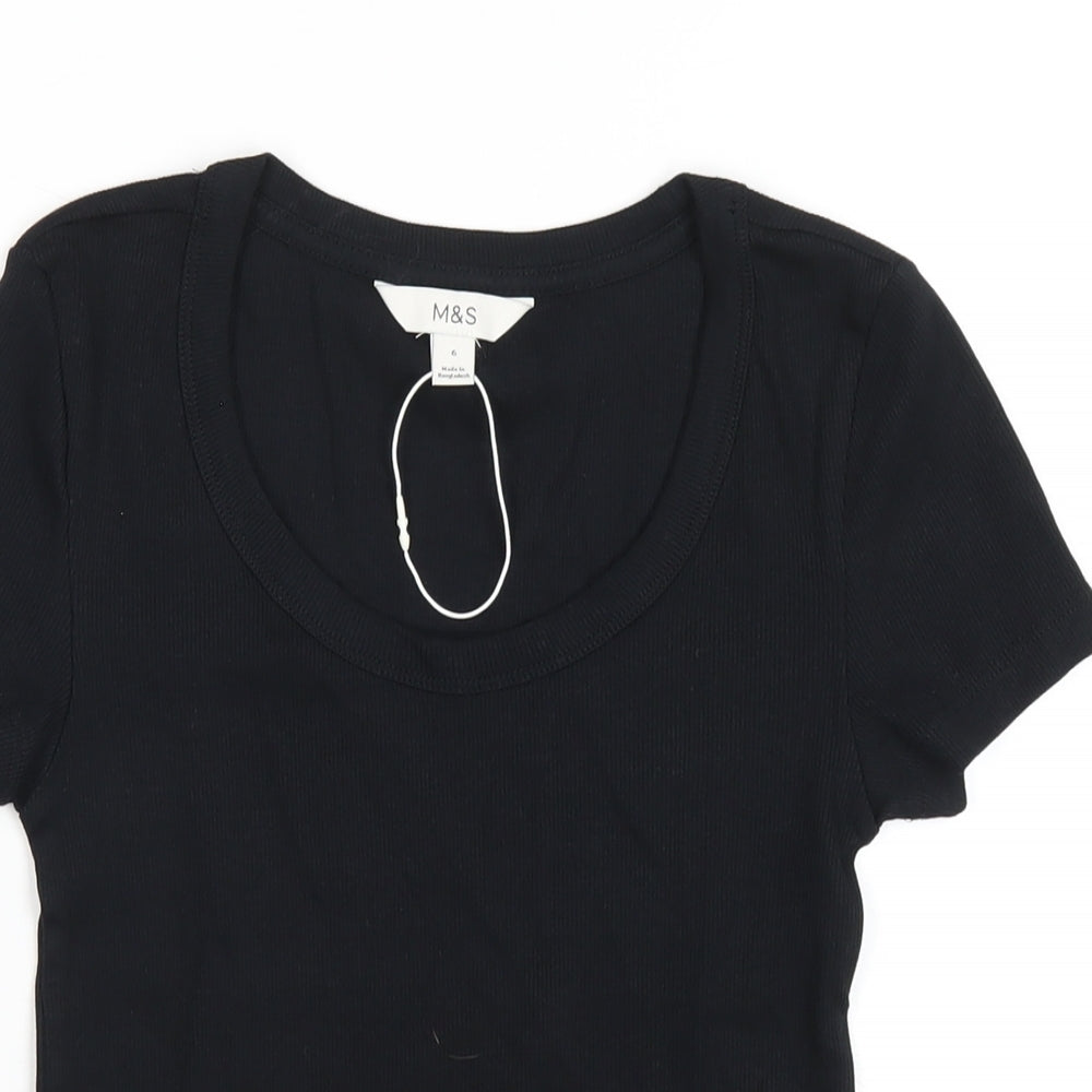 Marks and Spencer Womens Black Cotton Basic T-Shirt Size 6 Scoop Neck