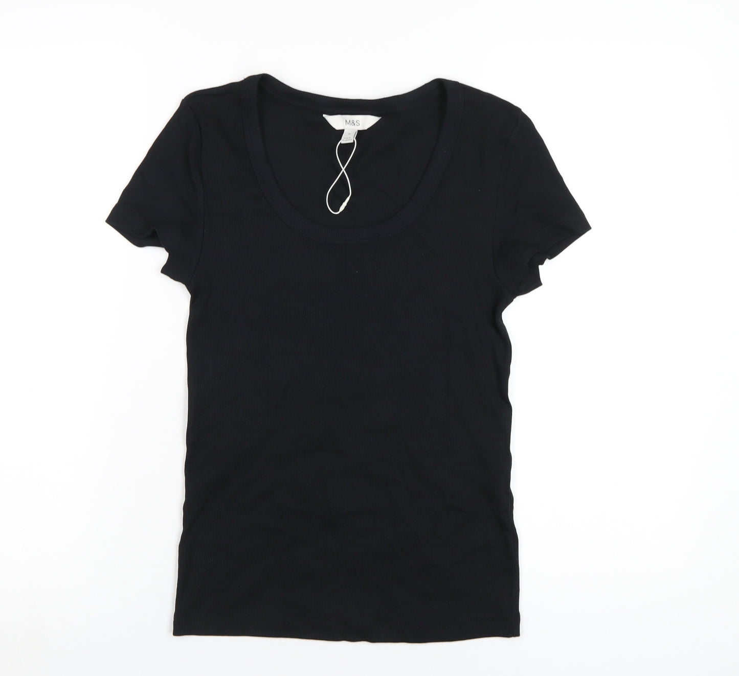 Marks and Spencer Womens Black Cotton Basic T-Shirt Size 10 Scoop Neck