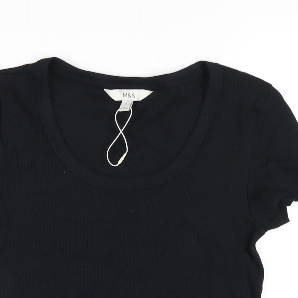 Marks and Spencer Womens Black Cotton Basic T-Shirt Size 10 Scoop Neck