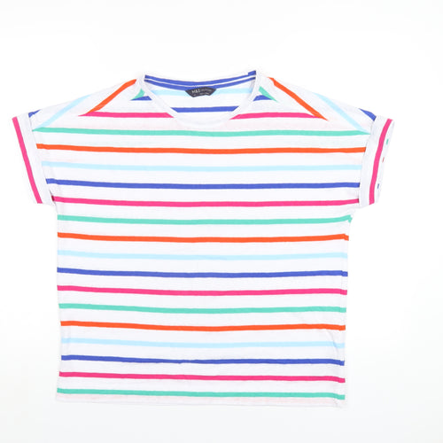 Marks and Spencer Womens Multicoloured Striped Linen Basic T-Shirt Size 14 Roll Neck