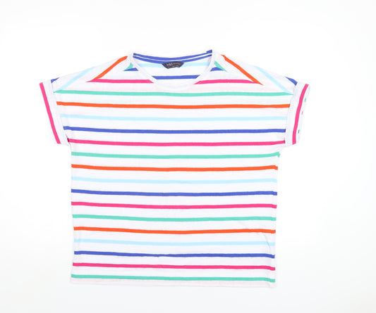 Marks and Spencer Womens Multicoloured Striped Linen Basic T-Shirt Size 14 Roll Neck