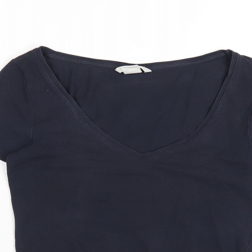 H&M Womens Blue Cotton Basic T-Shirt Size XS V-Neck