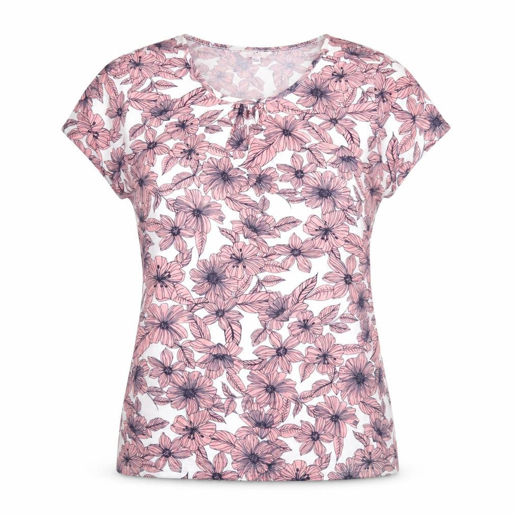 Front view of Julipa women’s pink floral polyester basic t-shirt, size UK 18, round neck