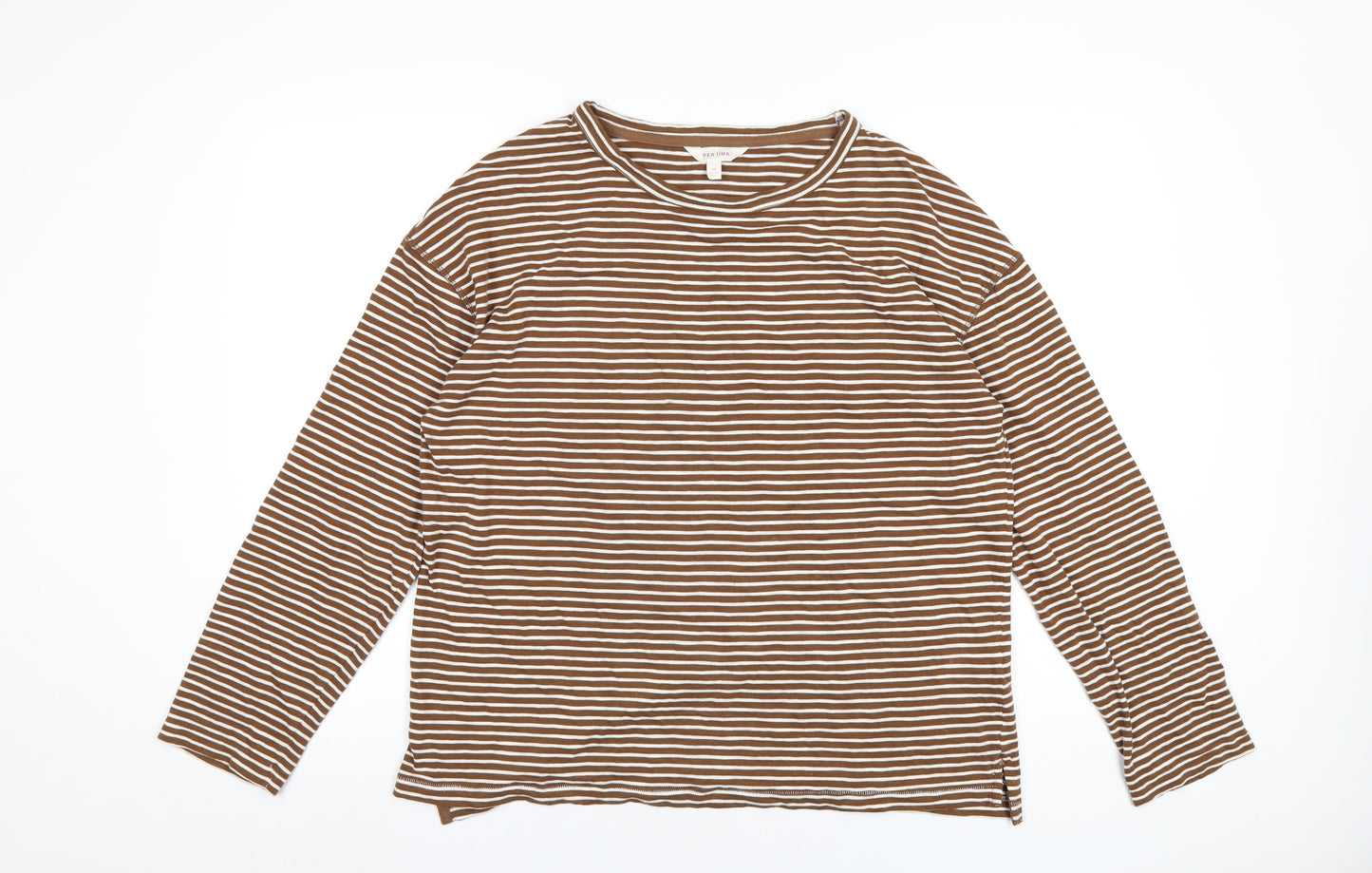Per Una Womens Brown Striped Cotton Basic T-Shirt Size 14 Round Neck
