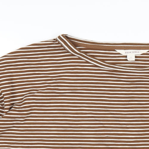 Per Una Womens Brown Striped Cotton Basic T-Shirt Size 14 Round Neck