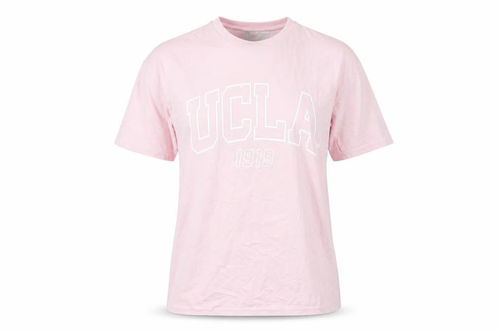Front view of UCLA women’s pink cotton basic t-shirt, size XS, round neck