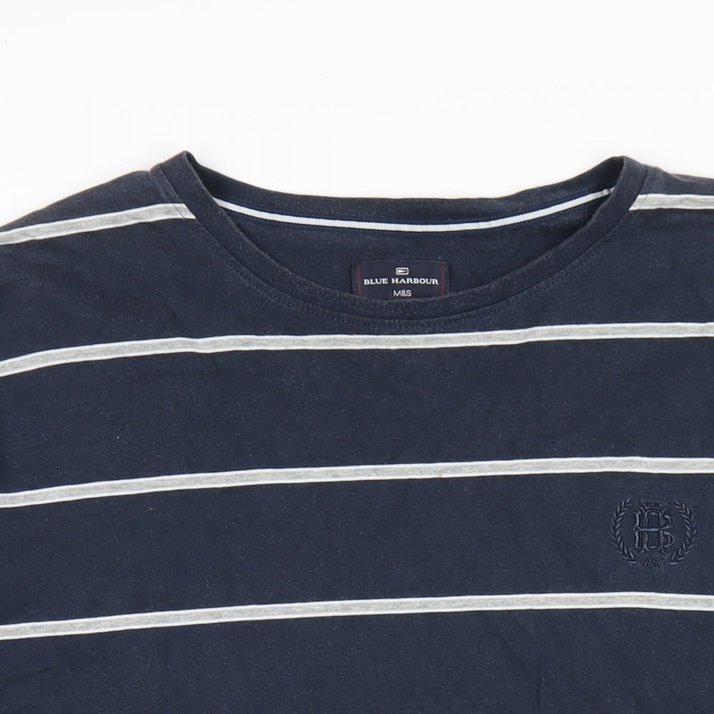 Marks and Spencer Mens Blue Striped Cotton T-Shirt Size XL Round Neck