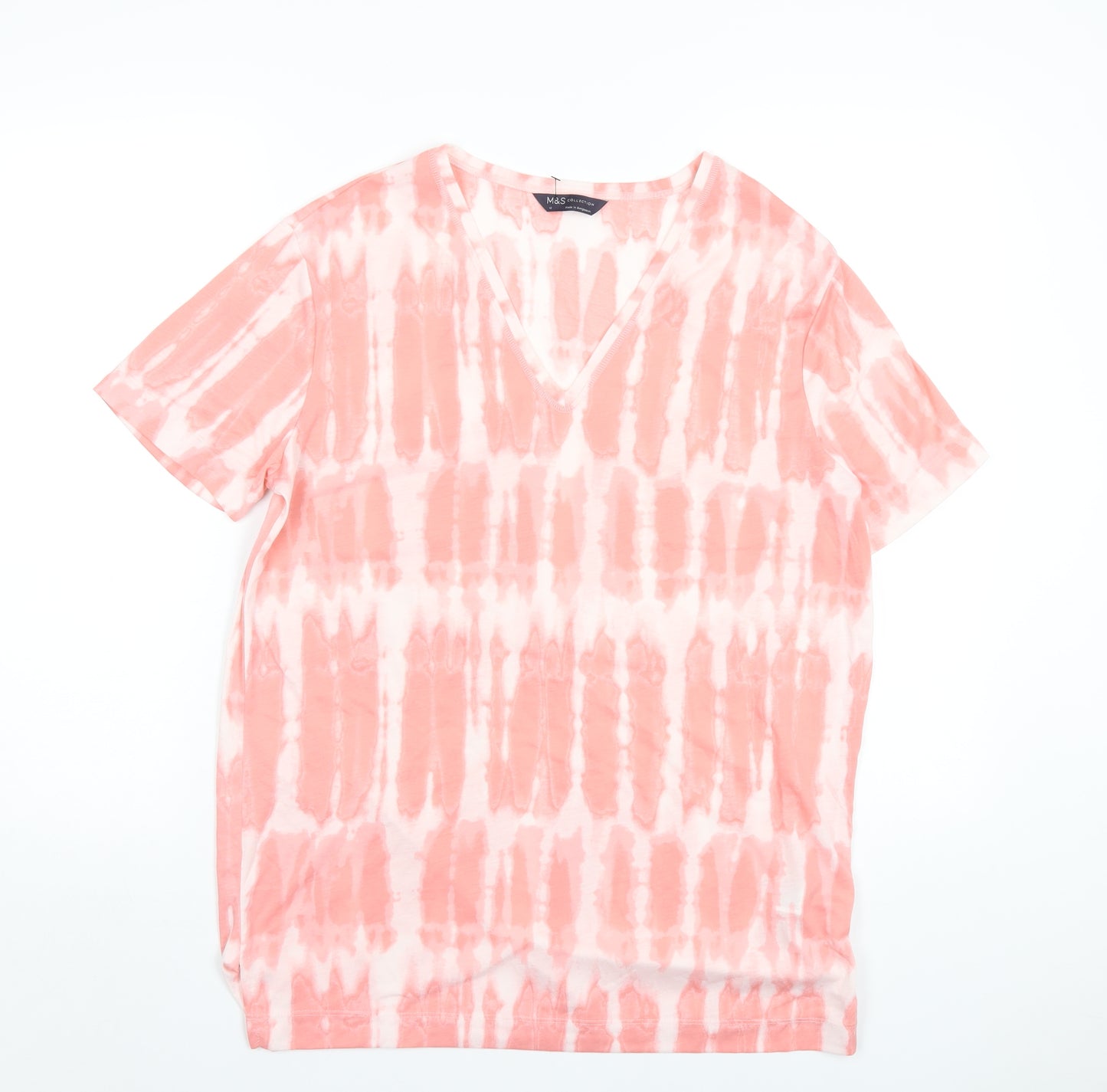 Marks and Spencer Womens Pink Polyester Basic T-Shirt Size 12 V-Neck - Tie Dye