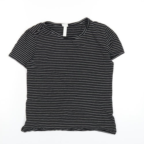 H&M Womens Black Striped Cotton Basic T-Shirt Size L Round Neck