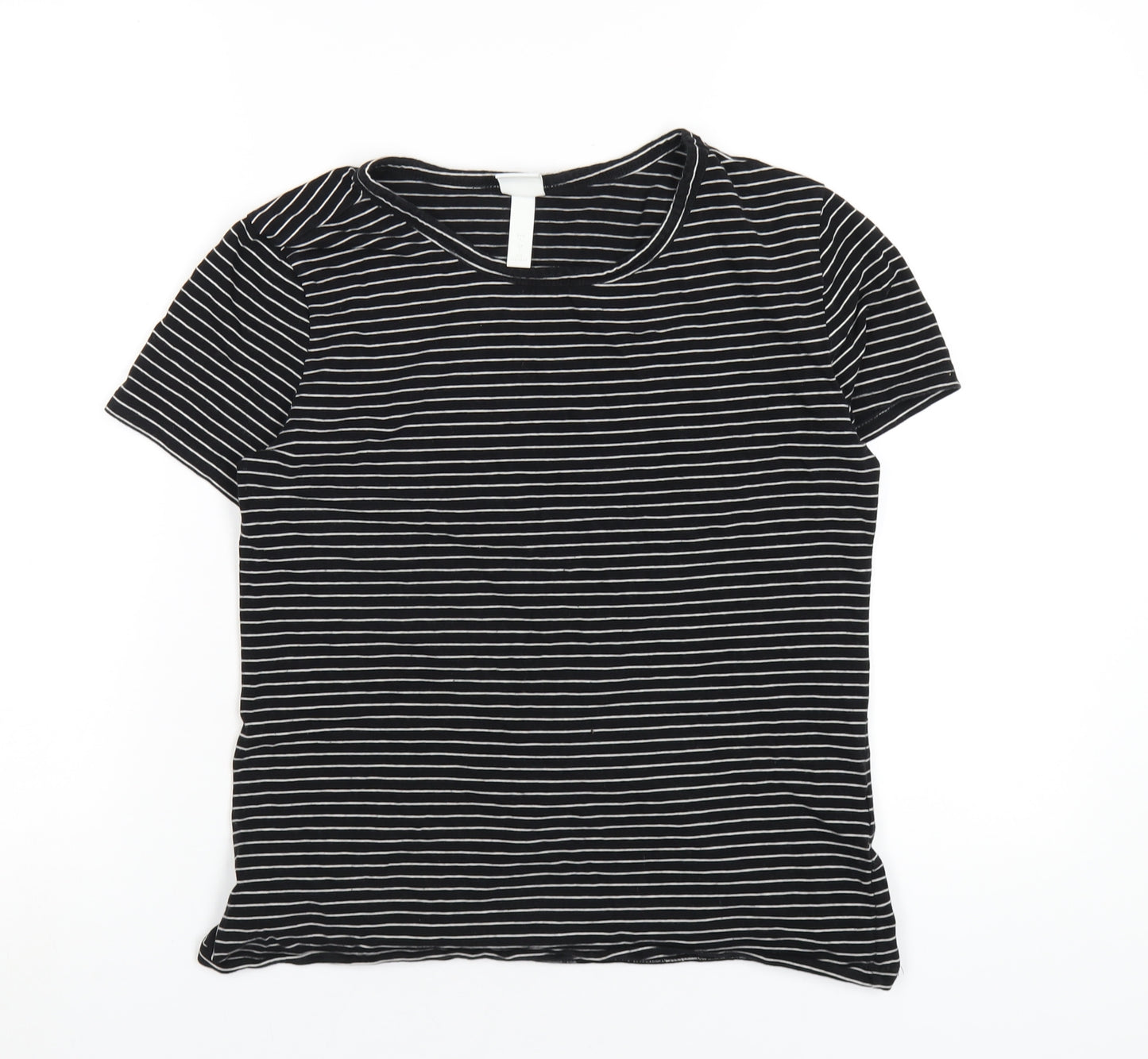 H&M Womens Black Striped Cotton Basic T-Shirt Size L Round Neck