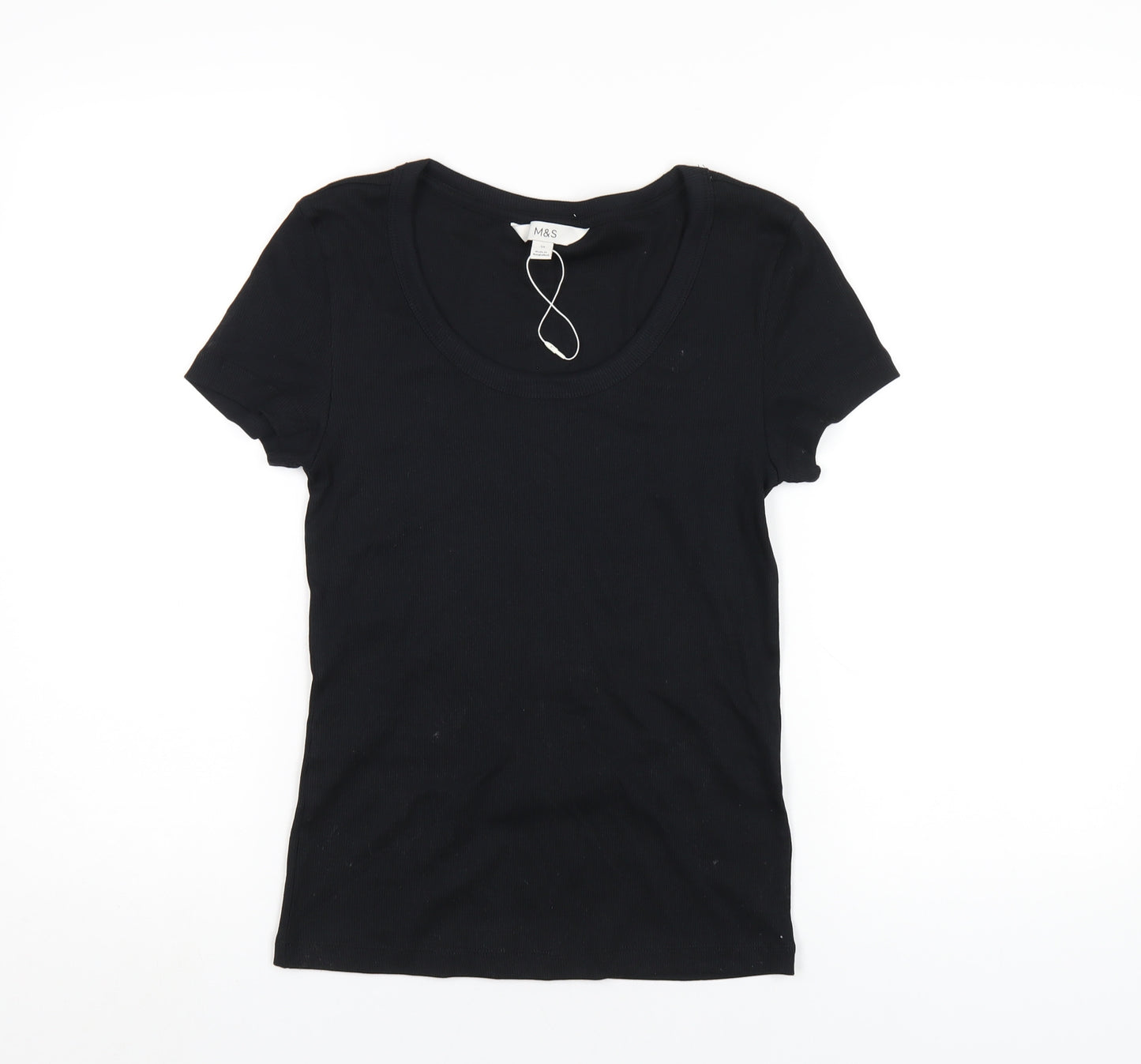 Marks and Spencer Womens Black Cotton Basic T-Shirt Size 10 Scoop Neck