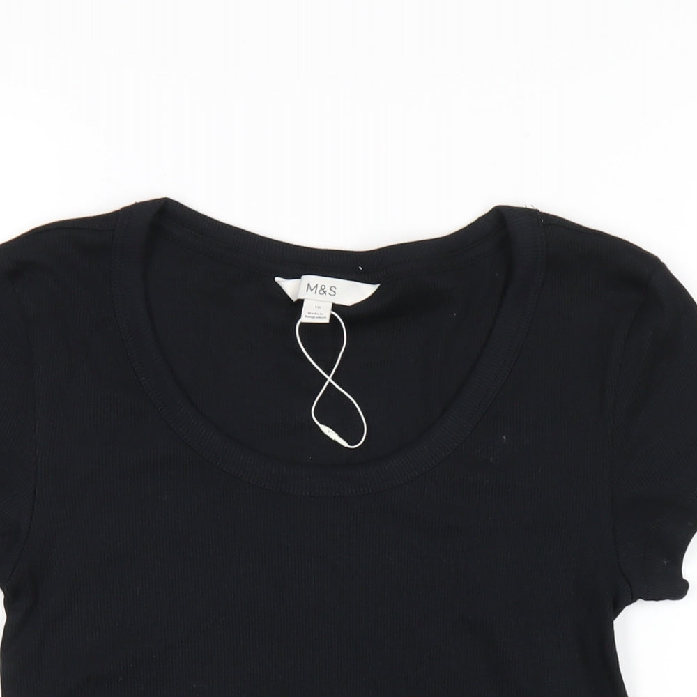 Marks and Spencer Womens Black Cotton Basic T-Shirt Size 10 Scoop Neck