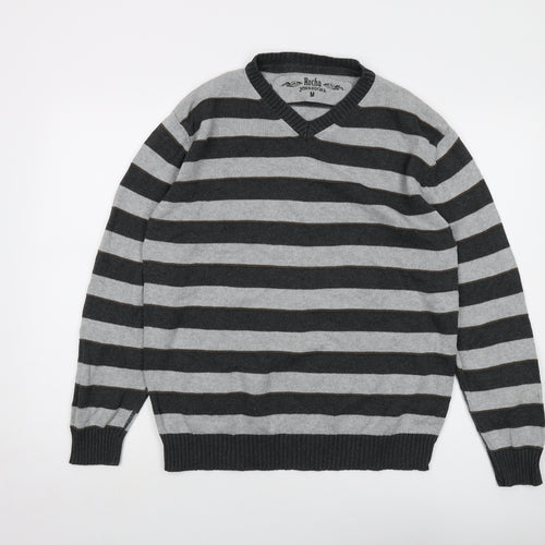 RJR.John Rocha Mens Grey V-Neck Striped Cotton Pullover Jumper Size M Long Sleeve